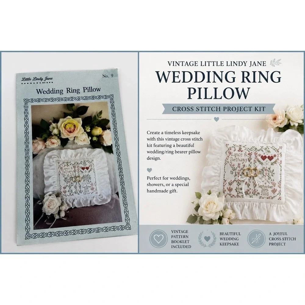 Little Lindy Jane Wedding Ring Pillow Cross Stitch Kit Complete Pattern Supplies